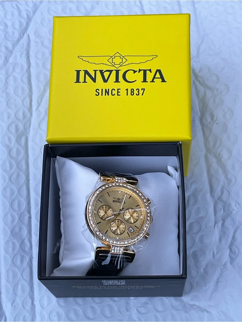 Invicta Celestial Gold Crystal Chronograph Women's Watch with Black Strap 38mm